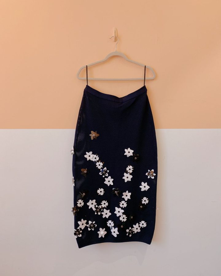 Calça azul tricot flores aplicadas Coven P
