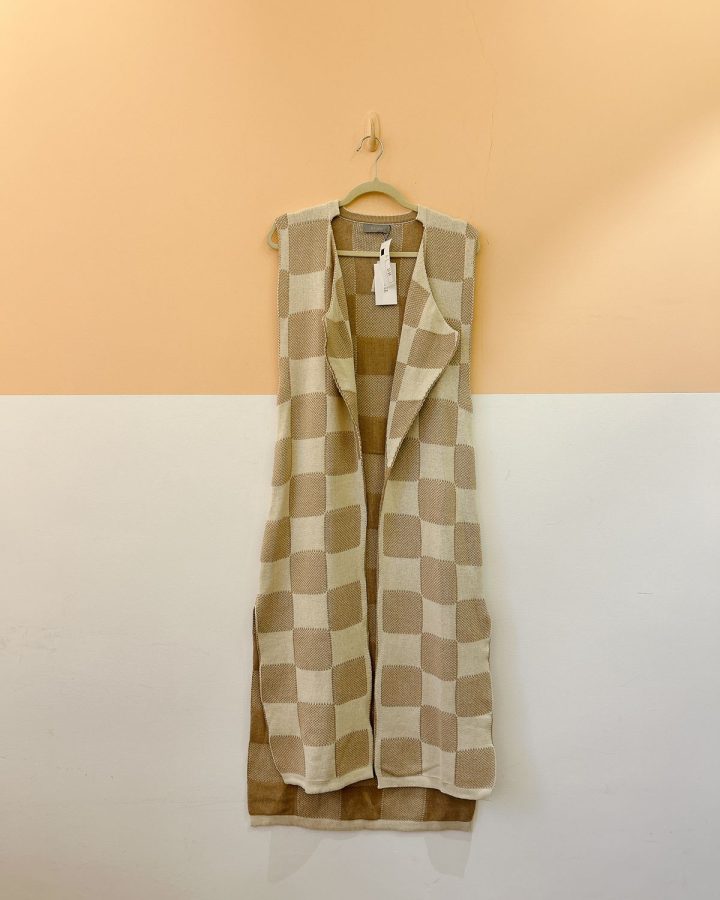 Kimono alongado tricot xadrez bege Teti Gio U
