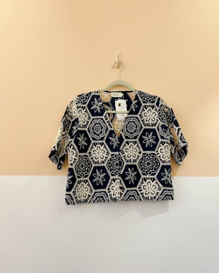 Conjunto saia + blusa azul laise bordados Onoma 38