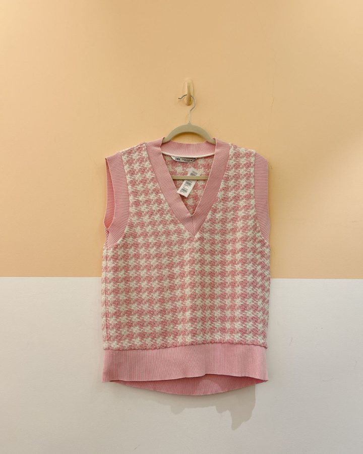Colete tricot xadrez rosa Zara P