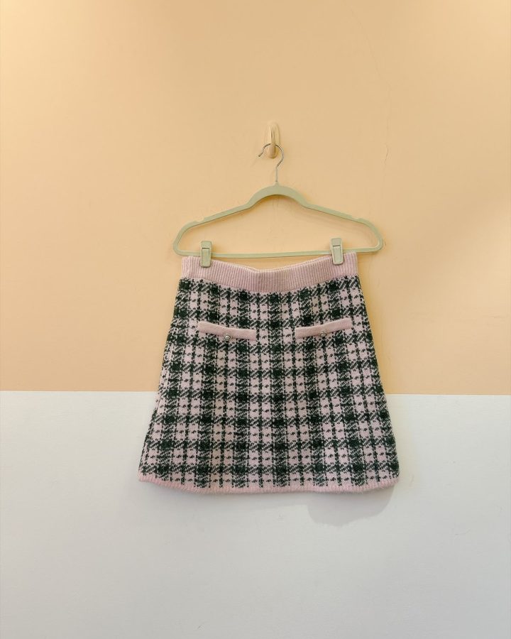 Saia curta lã xadrez rosa e verde Zara G