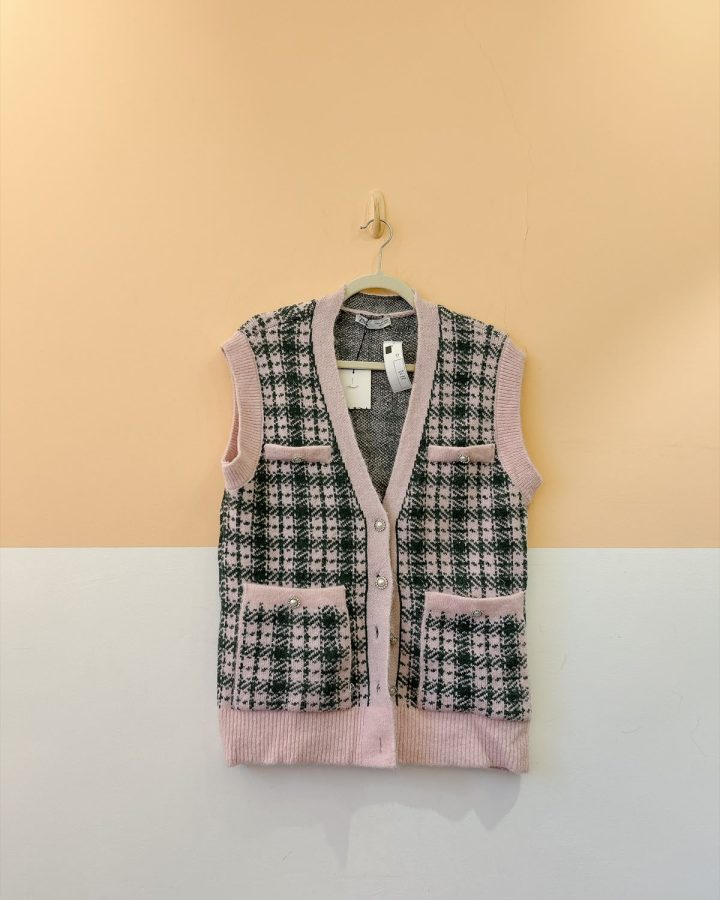 Colete lã xadrez verde e rosa Zara P