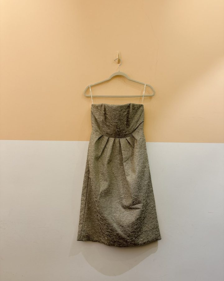 Vestido midi tomara que caia prata textura Adriana Degreas P