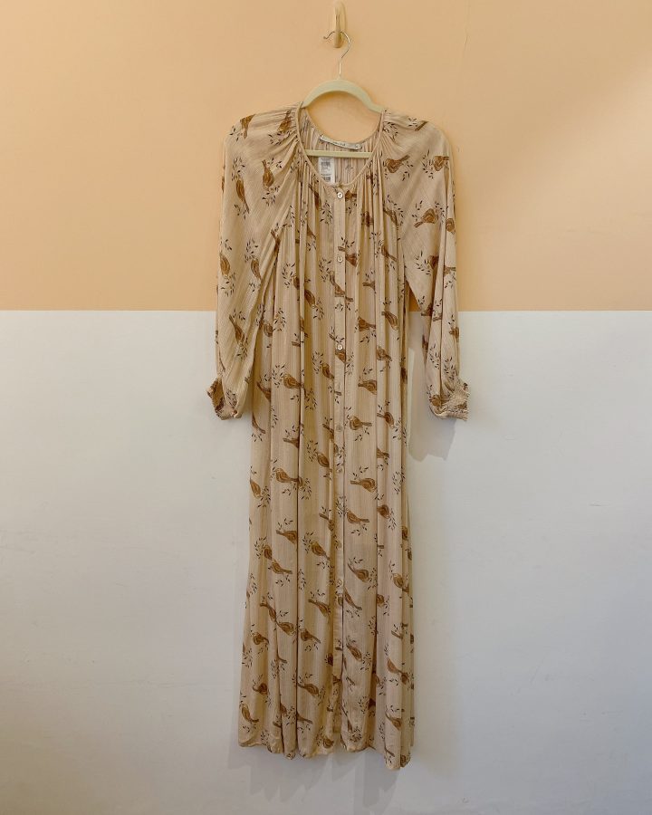 Vestido midi bege passarinhos Maria Filó M