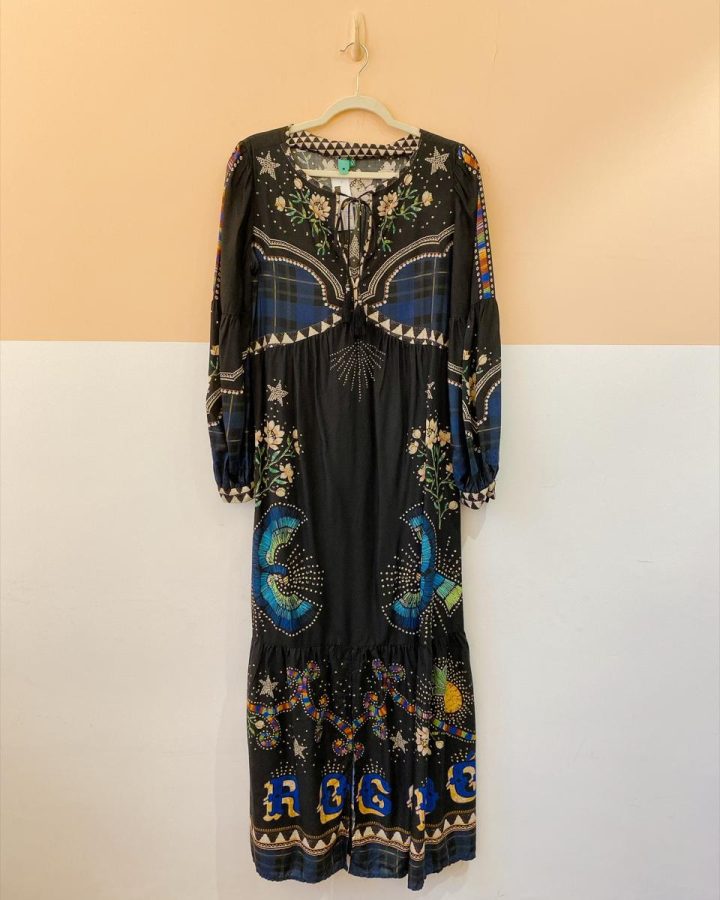 Vestido midi preto estampado Farm P