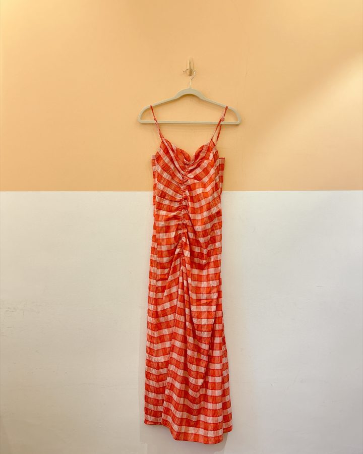 Vestido midi xadrez franzido Farm M